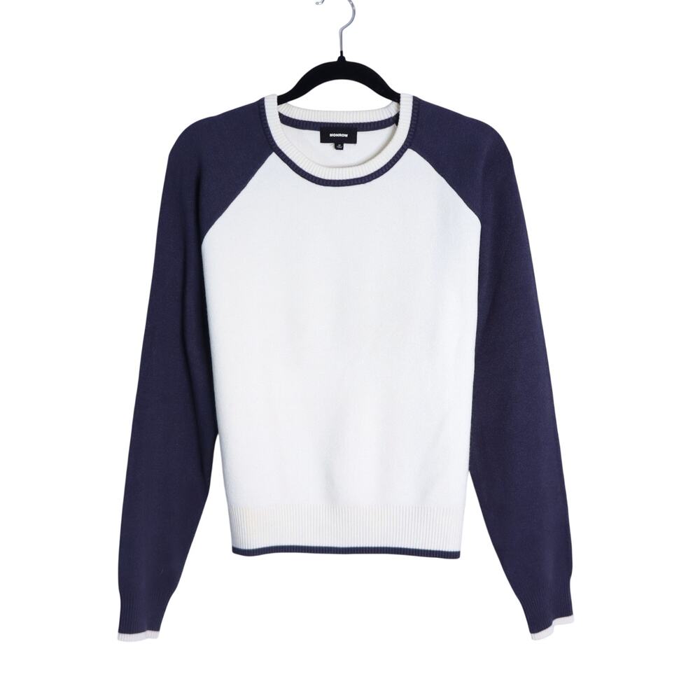 MONROW Supersoft Color Block Sweater Cream and Navy Long Sleeve Women's M